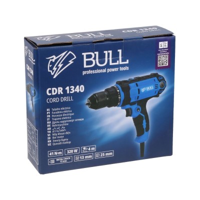 Дрель-шуруповерт BULL CDR 1340 в кор. 320 Вт, 41 Н*м, 2 скор., БЗП(мет.) 13 мм, 4 метра кабель Дрель-шуруповерт BULL CDR 1340 в кор. 320 Вт, 41 Н*м, 2 скор., БЗП(мет.) 13 мм, 4 метра кабель