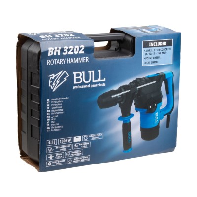 Перфоратор BULL BH 3202 в чем. 1500 Вт, 6,5 Дж, 32 мм, 2 реж. + 2 зуб., 3 сверла, SDS-plus Перфоратор BULL BH 3202 в чем. 1500 Вт, 6,5 Дж, 32 мм, 2 реж. + 2 зуб., 3 сверла, SDS-plus