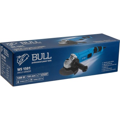 Двуручная углошлифмашина BULL WS 1501 в кор. 150 мм, 1400 Вт, 8400 об/мин, пылезащ., 4м кабель Двуручная углошлифмашина BULL WS 1501 в кор. 150 мм, 1400 Вт, 8400 об/мин, пылезащ., 4м кабель