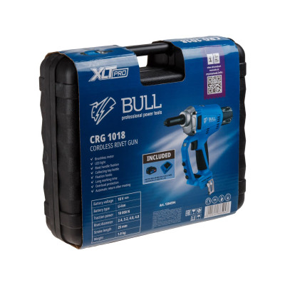 Аккум. заклепочный пистолет BULL CRG 1018 в чем. XLTpro, БЕСЩЕТ., 25 мм, 10000 Н, 1х4 А*ч Аккум. заклепочный пистолет BULL CRG 1018 в чем. XLTpro, БЕСЩЕТ., 25 мм, 10000 Н, 1х4 А*ч
