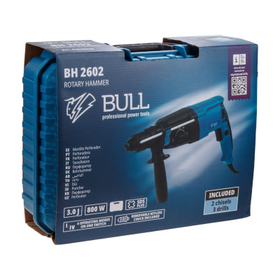 Перфоратор BULL BH 2602 в чем. 800 Вт, 3.0 Дж, 4 реж. + 2 зубила, 3 сверла, БЗП в комплекте Перфоратор BULL BH 2602 в чем. 800 Вт, 3.0 Дж, 4 реж. + 2 зубила, 3 сверла, БЗП в комплекте