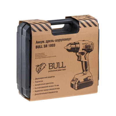 Аккум. дрель-шуруповерт BULL SR 1803 в чем. БЕСЩЕТ., 18 В, 50 Н*м, 2*2 А*ч акб, БЗП 10 мм Аккум. дрель-шуруповерт BULL SR 1803 в чем. БЕСЩЕТ., 18 В, 50 Н*м, 2*2 А*ч акб, БЗП 10 мм