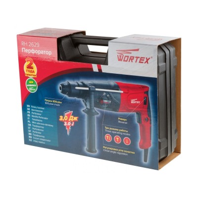 Перфоратор WORTEX RH 2629 в чем. + (2 зубила, 3 сверла) 800 Вт, 3.0 Дж, 26 мм, 4 режима, SDS-plus, Б Перфоратор WORTEX RH 2629 в чем. + (2 зубила, 3 сверла) 800 Вт, 3.0 Дж, 26 мм, 4 режима, SDS-plus, Б