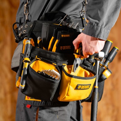 Пояс монтажника усиленный, с лямками, сумки поясные, держатель для молотка Denzel Пояс монтажника усиленный, с лямками, сумки поясные, держатель для молотка Denzel
