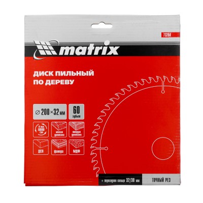 Пильный диск по дереву, 200 х 32 мм, 60 зубьев, кольцо 30/32 Matrix Professional Пильный диск по дереву, 200 х 32 мм, 60 зубьев, кольцо 30/32 Matrix Professional
