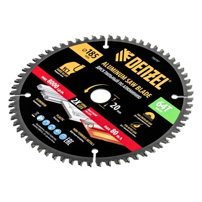 Пильный диск по алюминию ф185 х 20 мм, 64 зубьев Denzel Пильный диск по алюминию ф185 х 20 мм, 64 зубьев Denzel