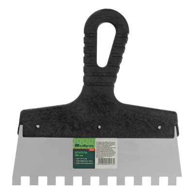 Шпатель из нержавеющей стали, 200 мм, зуб 10 х 10 мм, пластмассовая ручка Сибртех Шпатель из нержавеющей стали, 200 мм, зуб 10 х 10 мм, пластмассовая ручка Сибртех