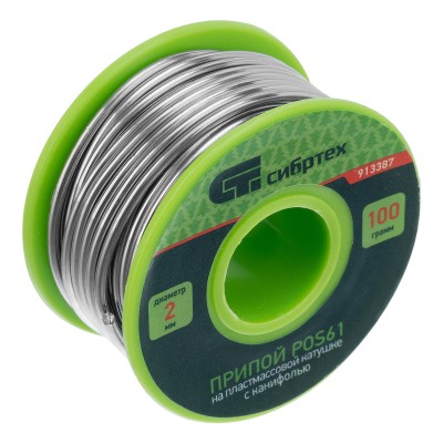 Припой с канифолью, D 2 мм, 100 г, POS61, на пластмассовой катушке Сибртех Припой с канифолью, D 2 мм, 100 г, POS61, на пластмассовой катушке Сибртех