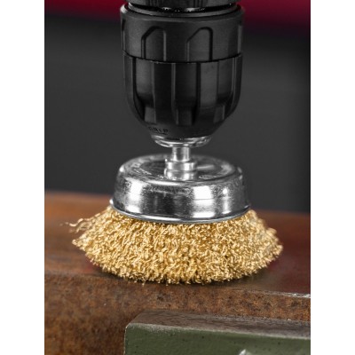 Щетка для дрели, 65 мм, "чашка" со шпилькой, латунированная витая проволока Matrix Щетка для дрели, 65 мм, "чашка" со шпилькой, латунированная витая проволока Matrix