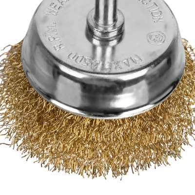 Щетка для дрели, 65 мм, "чашка" со шпилькой, латунированная витая проволока Matrix Щетка для дрели, 65 мм, "чашка" со шпилькой, латунированная витая проволока Matrix
