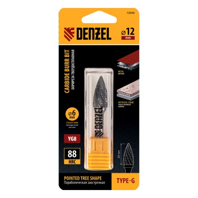 Борфреза по металлу твердосплавная, параболическая заостренная, тип-G, 12 мм Denzel Борфреза по металлу твердосплавная, параболическая заостренная, тип-G, 12 мм Denzel