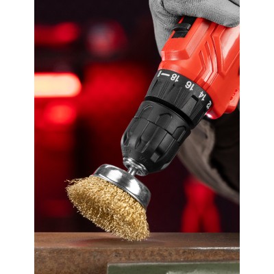 Щетка для дрели, 65 мм, "чашка" со шпилькой, латунированная витая проволока Matrix Щетка для дрели, 65 мм, "чашка" со шпилькой, латунированная витая проволока Matrix