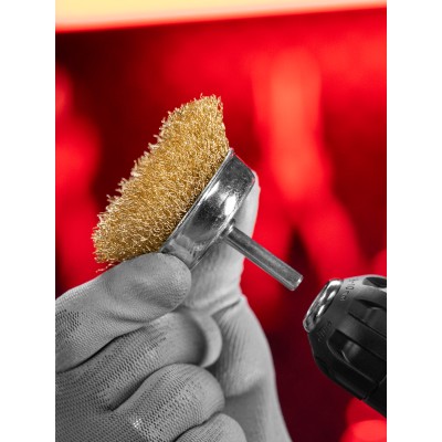 Щетка для дрели, 65 мм, "чашка" со шпилькой, латунированная витая проволока Matrix Щетка для дрели, 65 мм, "чашка" со шпилькой, латунированная витая проволока Matrix