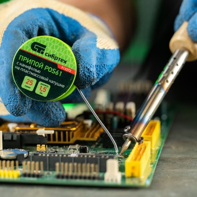 Припой с канифолью, D 1.5 мм, 25 г, POS61, на пластмассовой катушке Сибртех Припой с канифолью, D 1.5 мм, 25 г, POS61, на пластмассовой катушке Сибртех