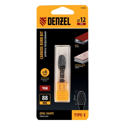 Борфреза по металлу твердосплавная, овальная, тип-E, 12 мм Denzel Борфреза по металлу твердосплавная, овальная, тип-E, 12 мм Denzel