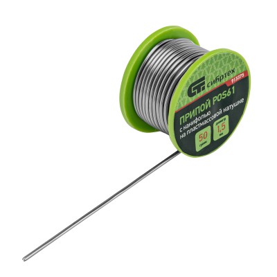 Припой с канифолью, D 1.5 мм, 50 г, POS61, на пластмассовой катушке Сибртех Припой с канифолью, D 1.5 мм, 50 г, POS61, на пластмассовой катушке Сибртех