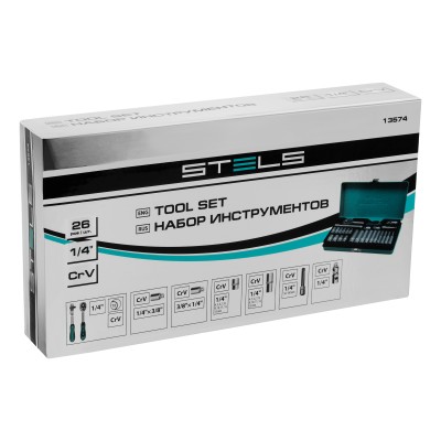 Набор торцевых головок с трещоткой, 1/4", 26 предметов Stels Набор торцевых головок с трещоткой, 1/4", 26 предметов Stels