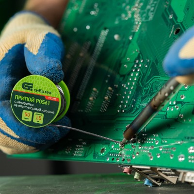 Припой с канифолью, D 1.5 мм, 50 г, POS61, на пластмассовой катушке Сибртех Припой с канифолью, D 1.5 мм, 50 г, POS61, на пластмассовой катушке Сибртех