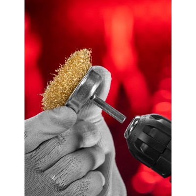 Щетка для дрели, 50 мм, "чашка" со шпилькой, латунированная витая проволока Matrix Щетка для дрели, 50 мм, "чашка" со шпилькой, латунированная витая проволока Matrix