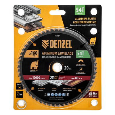 Пильный диск по алюминию ф160 х 20 мм, 54 зубьев Denzel Пильный диск по алюминию ф160 х 20 мм, 54 зубьев Denzel