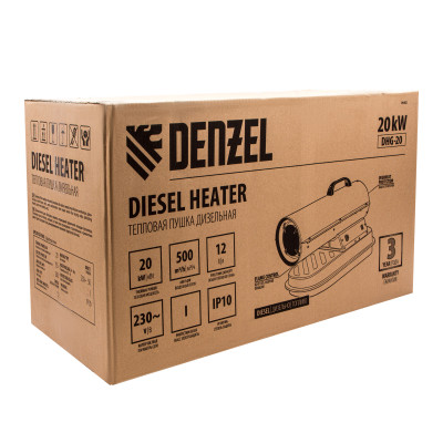 Дизельная тепловая пушка DHG-20, 20 кВт, 500 м3/ч, прямой нагрев Denzel Дизельная тепловая пушка DHG-20, 20 кВт, 500 м3/ч, прямой нагрев Denzel