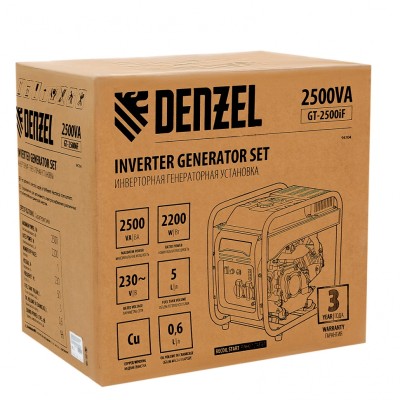 Генератор инверторный GT-2500iF, 2.5 кВт, 230 В, бак 5 л, открытый корпус, ручной старт Denzel Генератор инверторный GT-2500iF, 2.5 кВт, 230 В, бак 5 л, открытый корпус, ручной старт Denzel