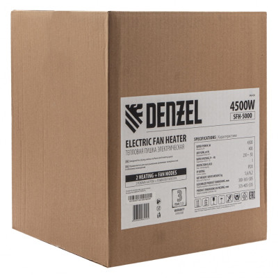 Тепловая пушка SFH-5000, 230 В, 400 м3/ч, вентилятор 3 режима, 3000/4500 Вт Denzel Тепловая пушка SFH-5000, 230 В, 400 м3/ч, вентилятор 3 режима, 3000/4500 Вт Denzel