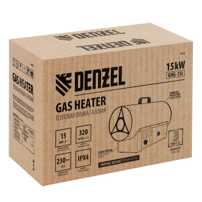 Газовая тепловая пушка GHG-15i, 15 кВт, цифровой термостат, пропан-бутан// Denzel Газовая тепловая пушка GHG-15i, 15 кВт, цифровой термостат, пропан-бутан// Denzel