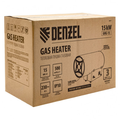 Газовая тепловая пушка GHG-15, 15 кВт, 500 м3/ч, пропан-бутан Denzel Газовая тепловая пушка GHG-15, 15 кВт, 500 м3/ч, пропан-бутан Denzel