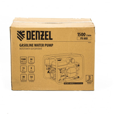 Мотопомпа бензиновая для грязной воды PX-80D, 15 л.с, 3", 1500 л/мин, глубина 8 м , напор 30 м Denzel Мотопомпа бензиновая для грязной воды PX-80D, 15 л.с, 3", 1500 л/мин, глубина 8 м , напор 30 м Denzel