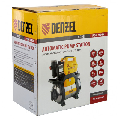 Насосная станция PSХ950X, Х-Pro, 950 Вт, 3300 л/ч, ресивер 24 л, подъем 38 м, нержавейка Denzel Насосная станция PSХ950X, Х-Pro, 950 Вт, 3300 л/ч, ресивер 24 л, подъем 38 м, нержавейка Denzel