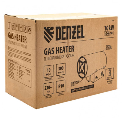 Газовая тепловая пушка GHG-10, 10 кВт, 300 м3/ч, пропан-бутан Denzel Газовая тепловая пушка GHG-10, 10 кВт, 300 м3/ч, пропан-бутан Denzel