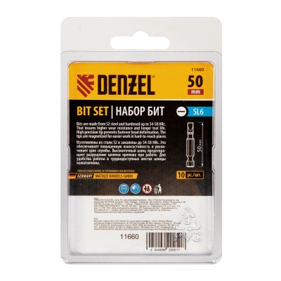 Бита SL6,0х50, сталь S2, шестигранный профиль, 10 шт. Е 6,3 Denzel Бита SL6,0х50, сталь S2, шестигранный профиль, 10 шт. Е 6,3 Denzel