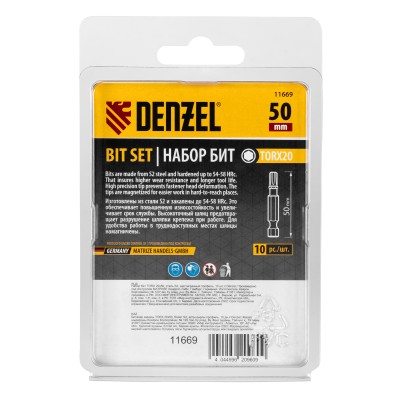 Бита TX 20х50, сталь S2, шестигранный профиль, 10 шт. Е 6,3 Denzel Бита TX 20х50, сталь S2, шестигранный профиль, 10 шт. Е 6,3 Denzel