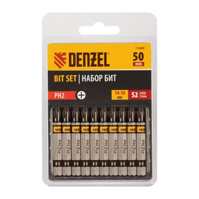 Бита PH2х50, сталь S2, шестигранный профиль, 10 шт. Е 6,3 Denzel Бита PH2х50, сталь S2, шестигранный профиль, 10 шт. Е 6,3 Denzel