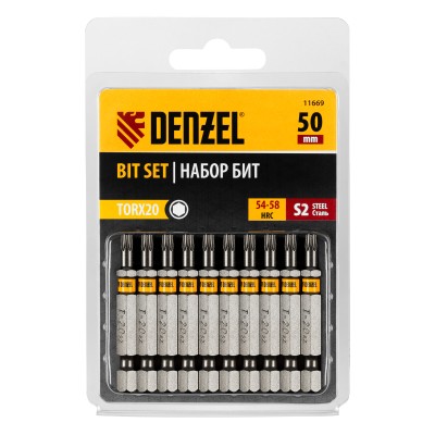 Бита TX 20х50, сталь S2, шестигранный профиль, 10 шт. Е 6,3 Denzel Бита TX 20х50, сталь S2, шестигранный профиль, 10 шт. Е 6,3 Denzel