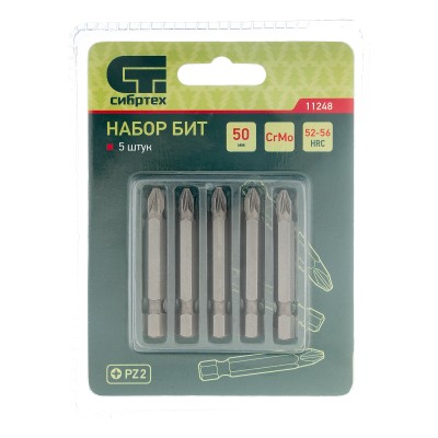 Бита PZ2 x 50, сталь CrMo, 5 шт. Сибртех Бита PZ2 x 50, сталь CrMo, 5 шт. Сибртех