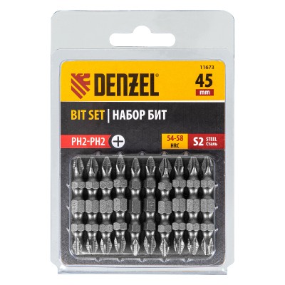 Бита двухсторонняя, PH2-PH2 х 45 мм, сталь S2, 10 шт. Denzel Бита двухсторонняя, PH2-PH2 х 45 мм, сталь S2, 10 шт. Denzel