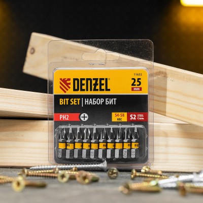 Бита PH2х25, сталь S2, шестигранный профиль, 10 шт. Е 6,3 Denzel Бита PH2х25, сталь S2, шестигранный профиль, 10 шт. Е 6,3 Denzel