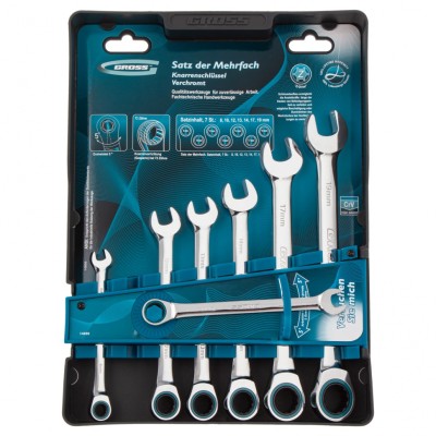 Набор ключей комбинированных с трещоткой, 8-19 мм, 7 шт, CrV Gross Набор ключей комбинированных с трещоткой, 8-19 мм, 7 шт, CrV Gross