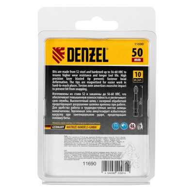 Бита IMPACT, PH3x50 мм, лазерная обработка шлица, сталь S2, 10 шт., Е 6,3 Denzel Бита IMPACT, PH3x50 мм, лазерная обработка шлица, сталь S2, 10 шт., Е 6,3 Denzel