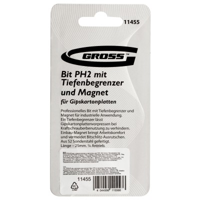 Бита PH2 x 25 мм с ограничителем и магнитом, для ГКЛ, S2 Gross Бита PH2 x 25 мм с ограничителем и магнитом, для ГКЛ, S2 Gross