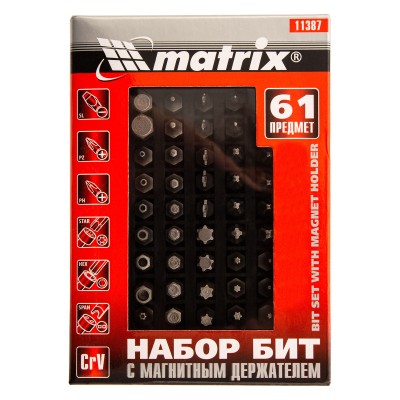 Набор бит с магнитным держателем, CrV, 61 шт. Matrix Набор бит с магнитным держателем, CrV, 61 шт. Matrix