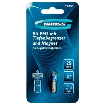 Бита PH2 x 25 мм с ограничителем и магнитом, для ГКЛ, S2 Gross Бита PH2 x 25 мм с ограничителем и магнитом, для ГКЛ, S2 Gross