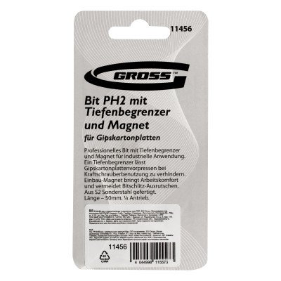 Бита PH2 x 50 мм с ограничителем и магнитом, для ГКЛ, S2 Gross Бита PH2 x 50 мм с ограничителем и магнитом, для ГКЛ, S2 Gross