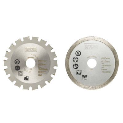 Набор дисков пильных D 85x15 мм RYOBI RAKMMS02K (2шт.) Набор дисков пильных D 85x15 мм RYOBI RAKMMS02K (2шт.)