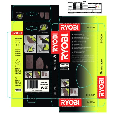 Набор шлифлистов RYOBI SMS30A (30 шт.) Набор шлифлистов RYOBI SMS30A (30 шт.)