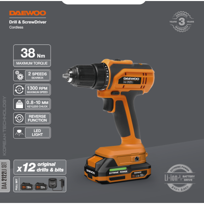 Дрель-шуруповерт аккумуляторная DAEWOO DAA 2122Li SET Дрель-шуруповерт аккумуляторная DAEWOO DAA 2122Li SET