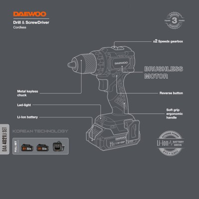 Дрель-шуруповерт аккумуляторная DAEWOO DAA 4021Li SET Дрель-шуруповерт аккумуляторная DAEWOO DAA 4021Li SET