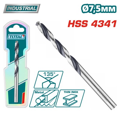 Сверло по металлу HSS 7,5 мм TOTAL TAC1200754 Сверло по металлу HSS 7,5 мм TOTAL TAC1200754